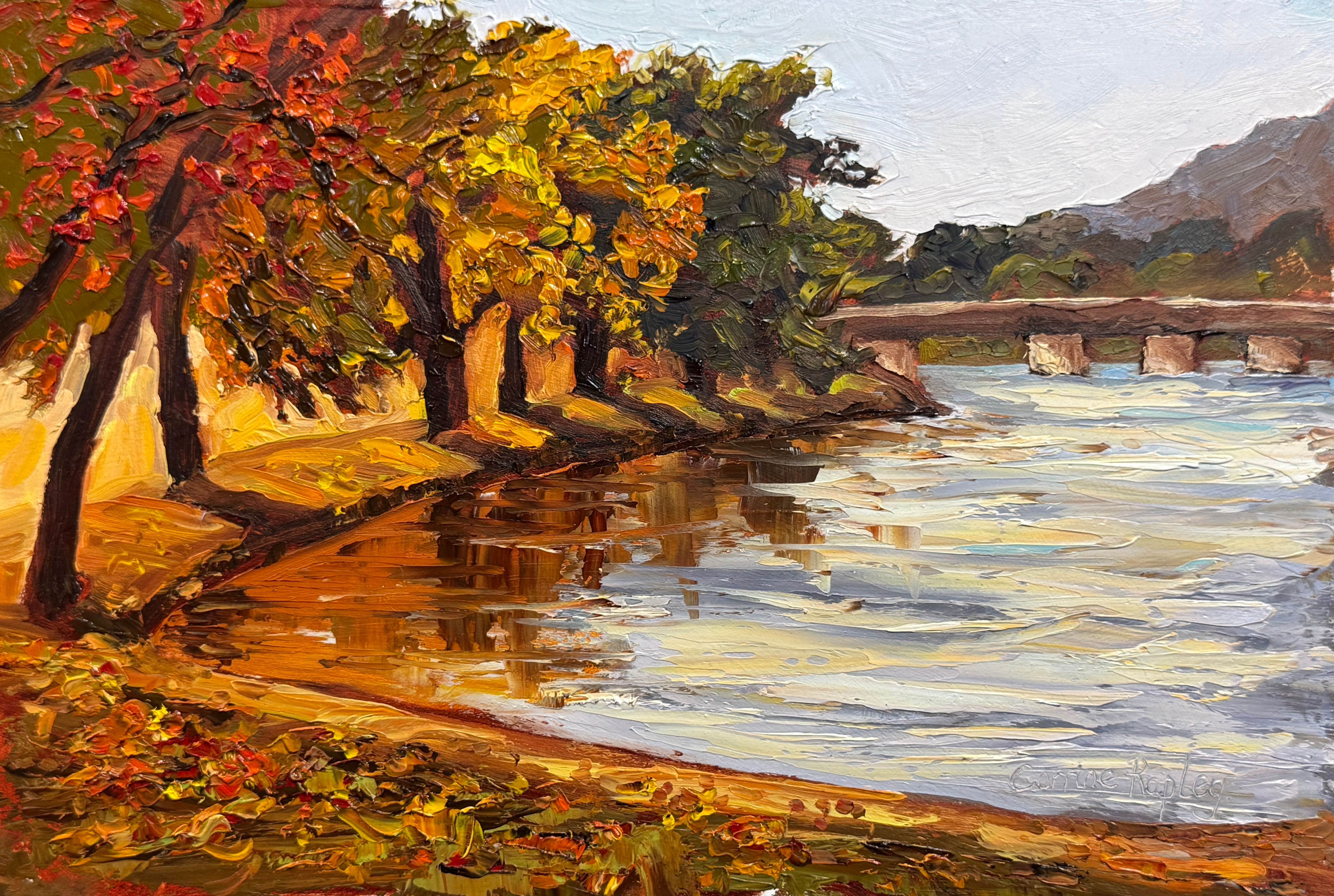 Autumn Colours original oil painting of colourful lakeside autumn trees scenery by Corrine Rapley