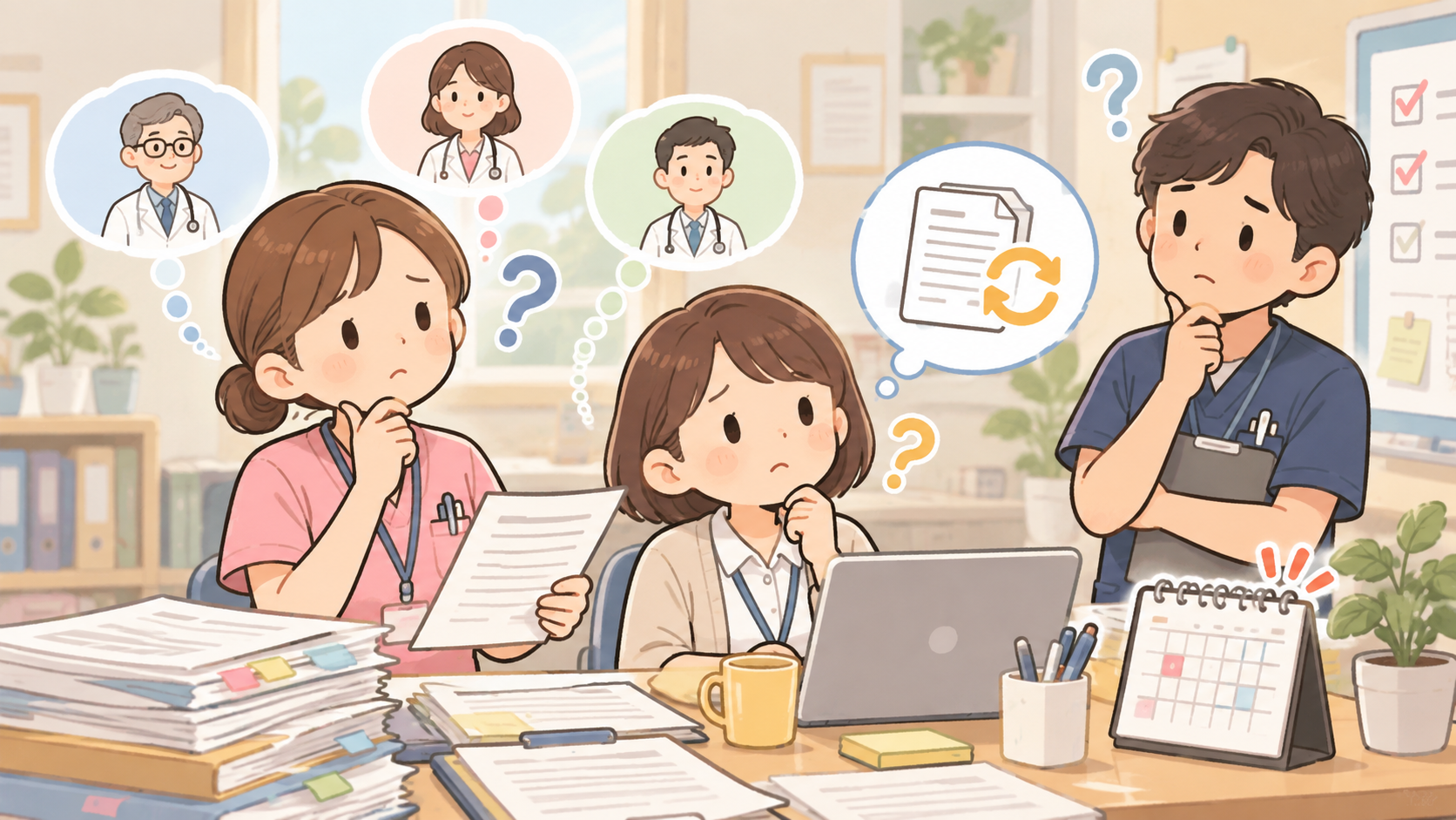 訪問看護指示書の更新依頼や管理状況が分からず困っているスタッフのイメージ