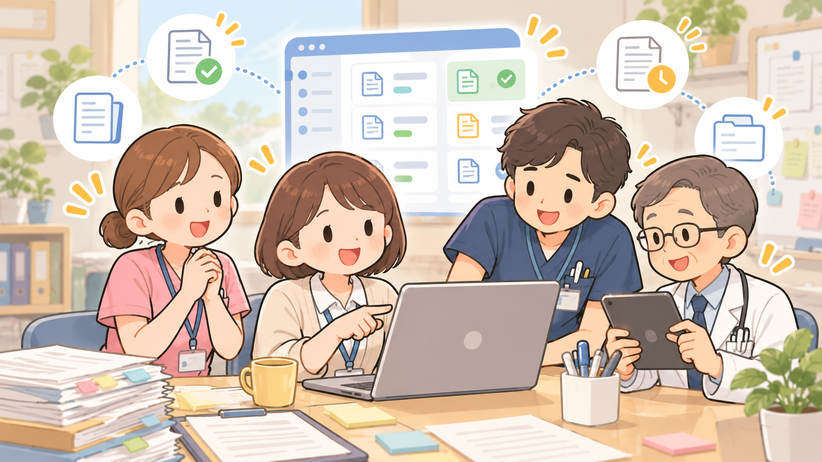 訪問看護指示書の情報をスタッフ間で共有して管理するイメージ