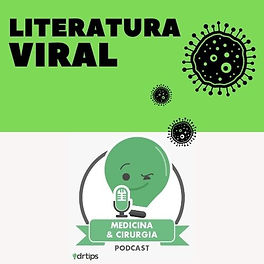 Em cima vemos a logo do podcast Literatura Viral com fundo verde. Abaixo, sobre fundo branco, a imagem de uma lâmpada com olhos e sorriso, verde escura, que olha para o espectador e está prestes a falar em um microfone. Abaixo lemos "Medicina e Cirurgia podcast".