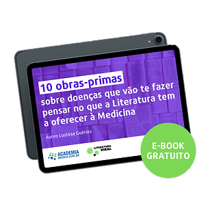 Em um iPad vemos a capa roxa de um livro entitulado "10 obras primas sobre doenças". Há um círculo verde com mensagem "e-book gratuito" sobreposta ao iPad.