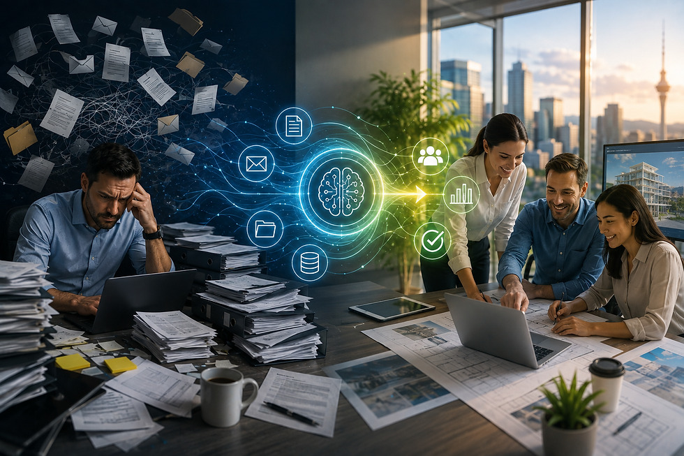 New Zealand business professionals using AI and automation to reduce manual work and improve collaboration and productivity.