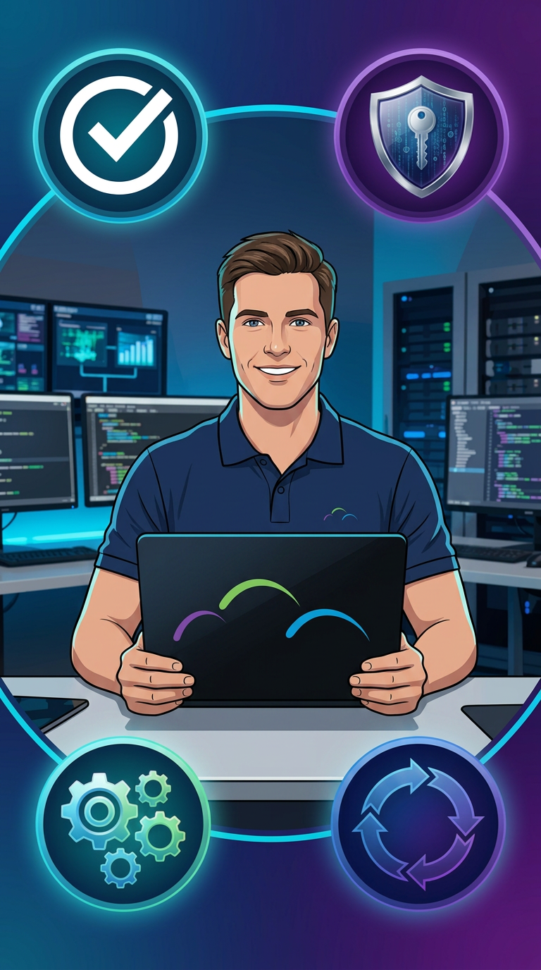Professional male IT support person facing forward toward audience, stylized illustrated f