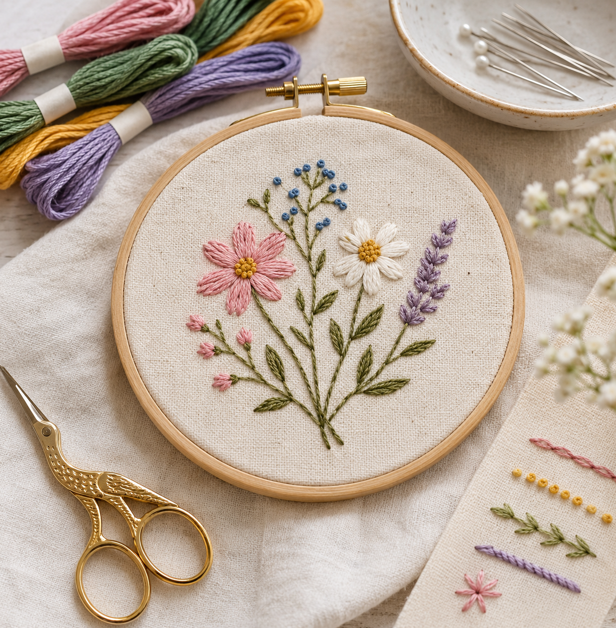 Hand stitching - exploring different stitches in floral embroidery