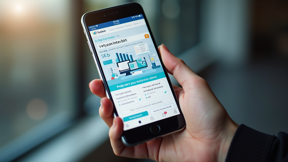 Close-up view of a smartphone displaying a mobile-friendly website with SEO elements