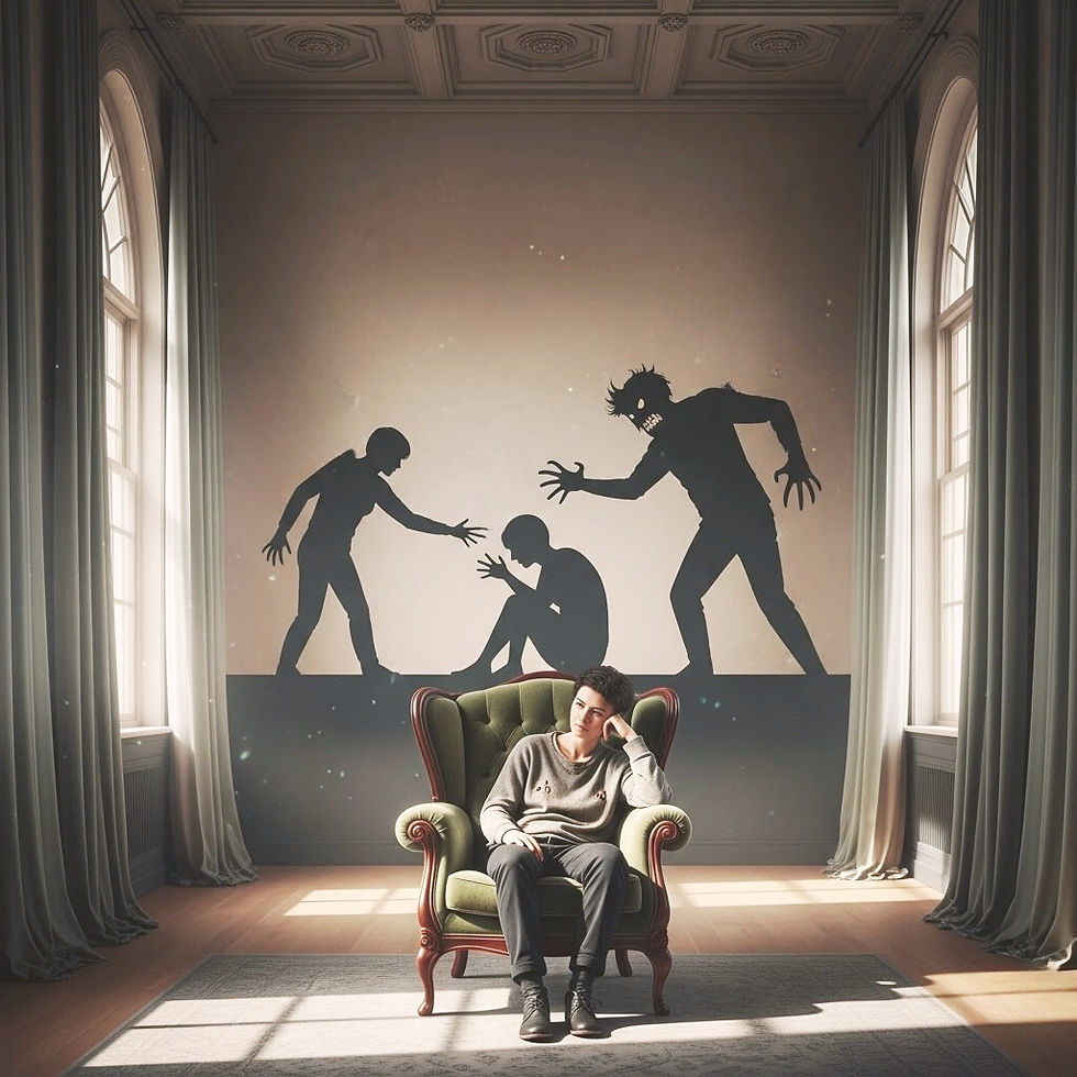 Психологическая иллюстрация Треугольника Карпмана: человек наблюдает за тенями Жертвы, Спасателя и Преследователя.