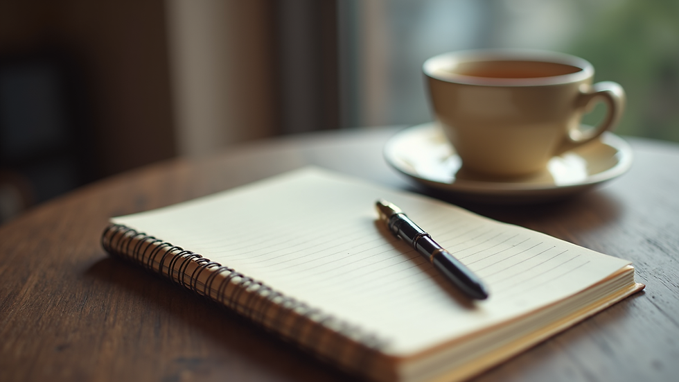 Close-up view of a journal and pen on a table next to a cup of tea, symbolizing integration work