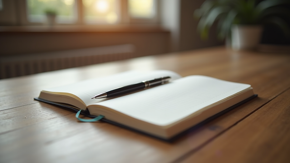 Close-up view of a journal and pen on a wooden table, symbolizing integration and reflection