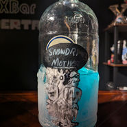 A half-filled frozen bottle of a blue slush. A sticker label says Snowdrake's Mother and the image of a pixelated monster is freezing over.