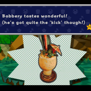 The Bobbery cocktail center-screen presented in front of a tropical locale from the Paper Mario video game. A textbox above says "Bobbery tastes wonderful! (he's got quite the 'kick' though!)"
