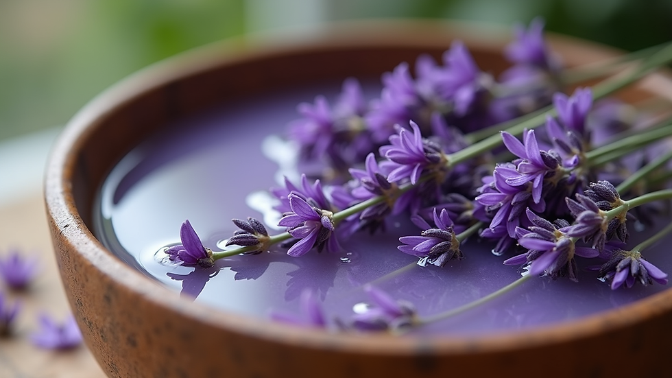 Close-up view of a lavender bath soak in a rustic bowl