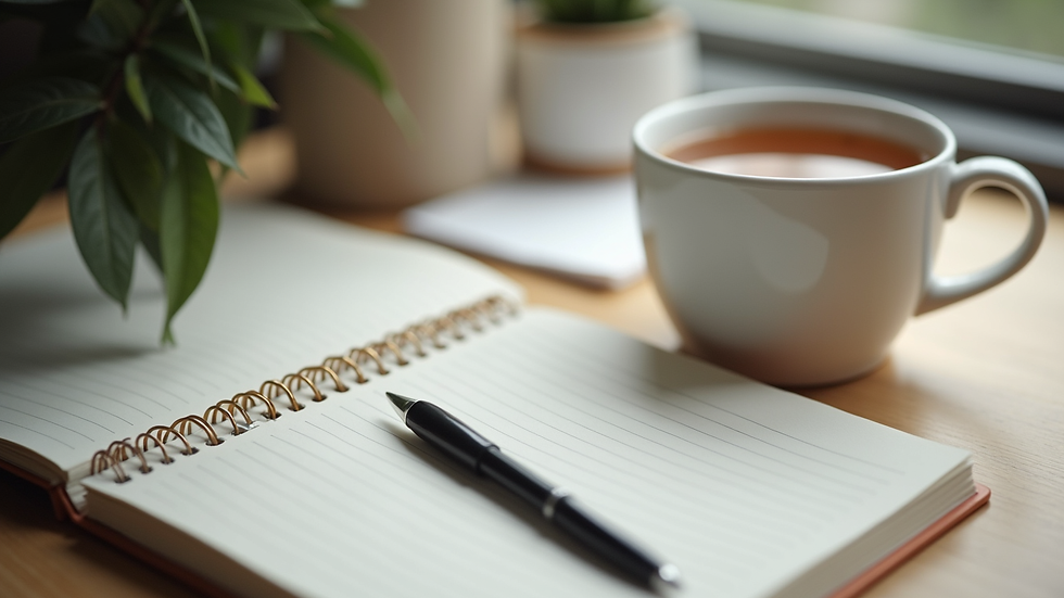 Eye-level view of a calm workspace with a notebook and a cup of tea