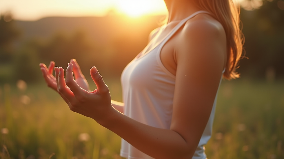 Close-up view of a person practicing deep breathing exercises outdoors