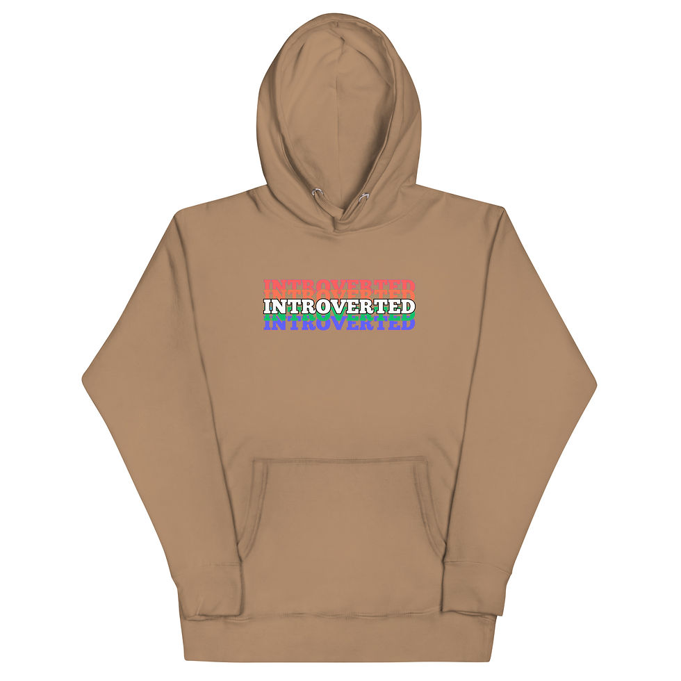 Thumbnail: front of a beige hoodie with text that says INTROVERTED