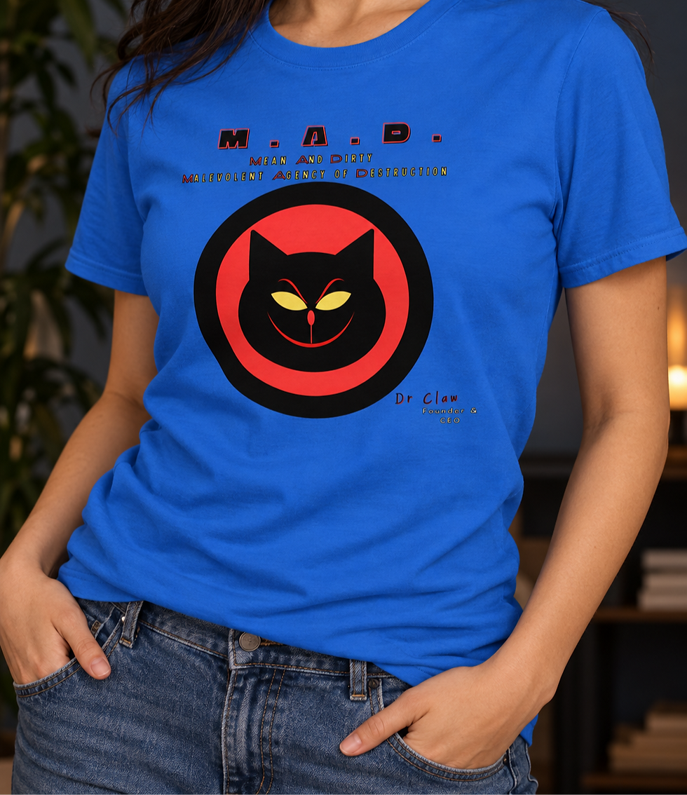 woman wearing blue M.A.D. Corporate Tee with cat logo