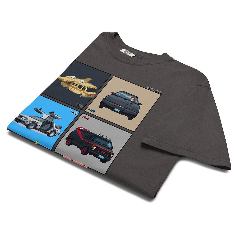 Thumbnail: closeup of shirt with 4 legendary 80s vehicles
