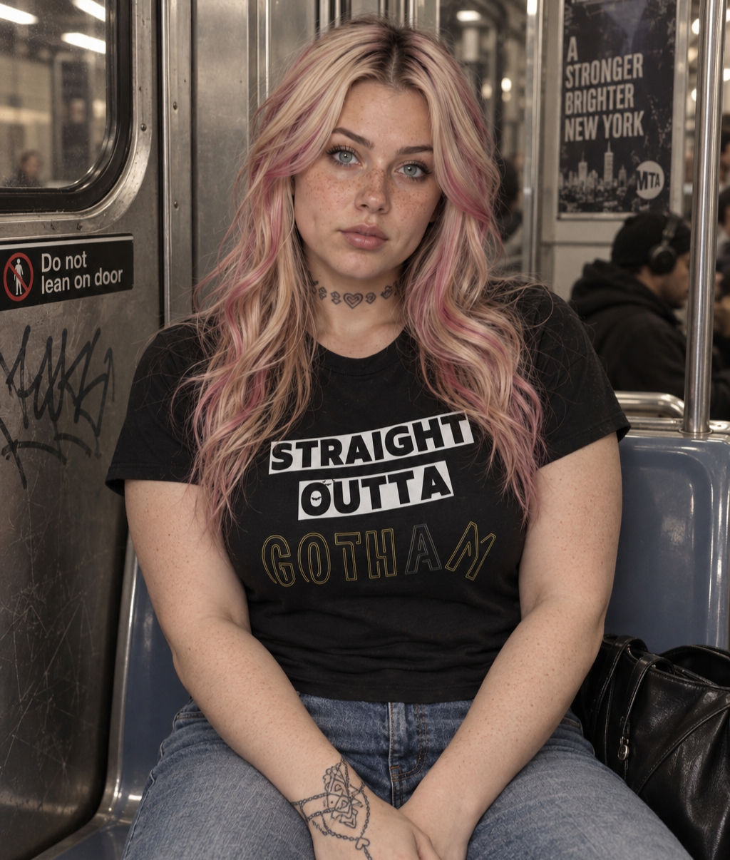 black shirt that says Straight Outta Gotham