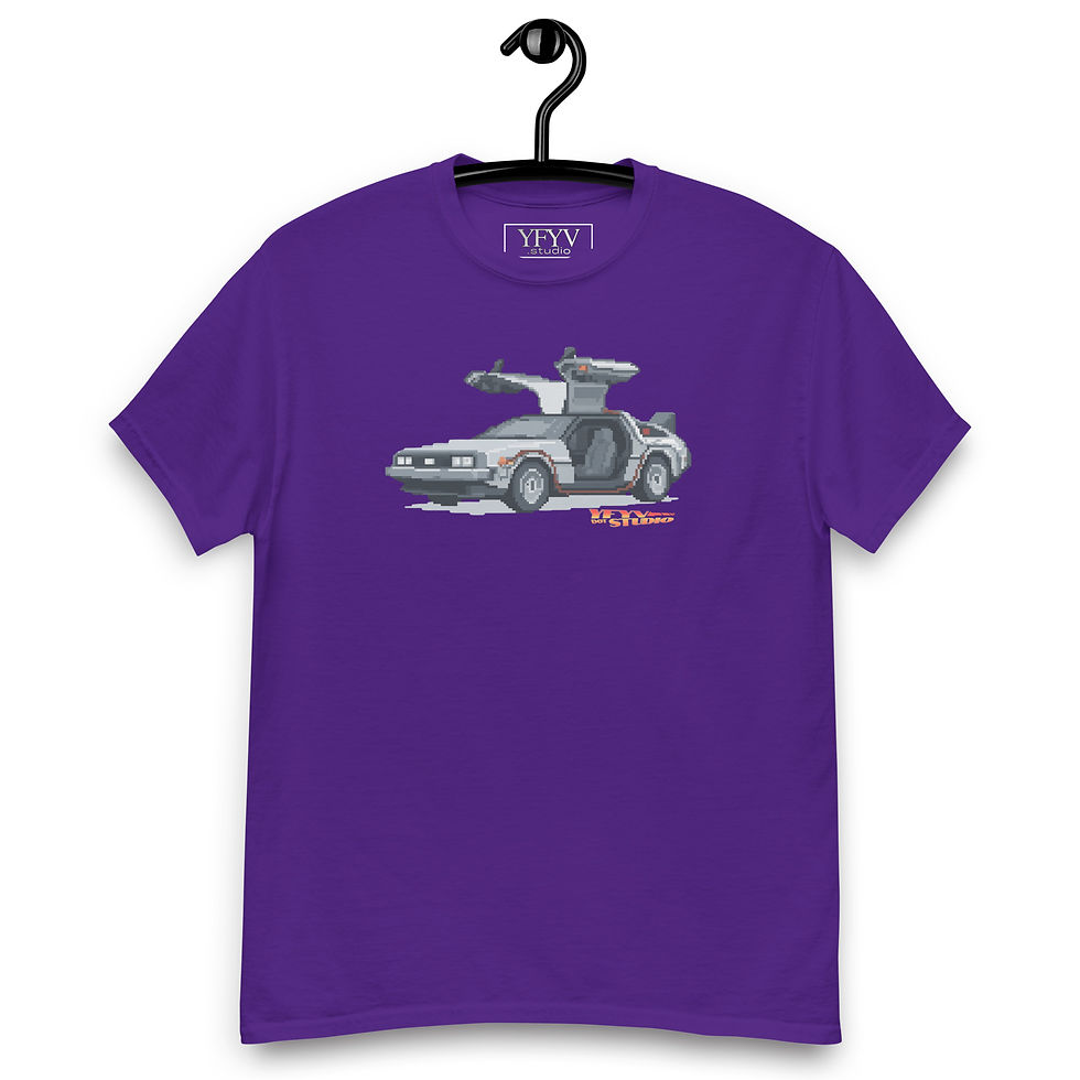 Thumbnail: purple shirt with the 8bit image of a delorean time machine car