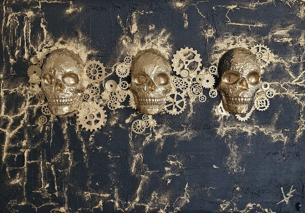 Trois crânes et engrenages de la Série The Golden Mechanism.