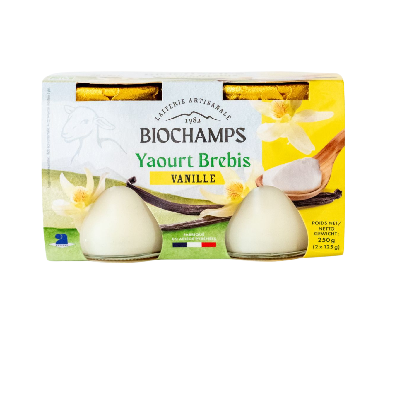 Pack de 2 yaourts de brebis Biochamps vanille, emballage jaune et blanc avec fleurs, cuillères et texte 250 g
