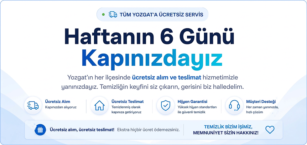 Sorgun halı yıkama haftanın 6 günü ücretsiz servis hizmeti.