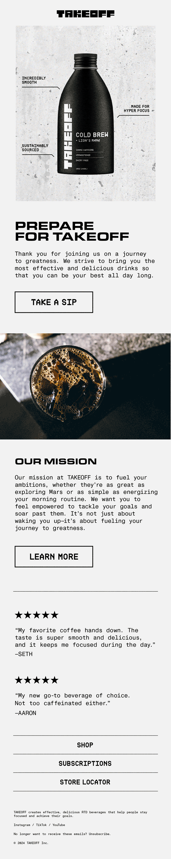 White email for cold brew brand with rotating bottle and cold brew