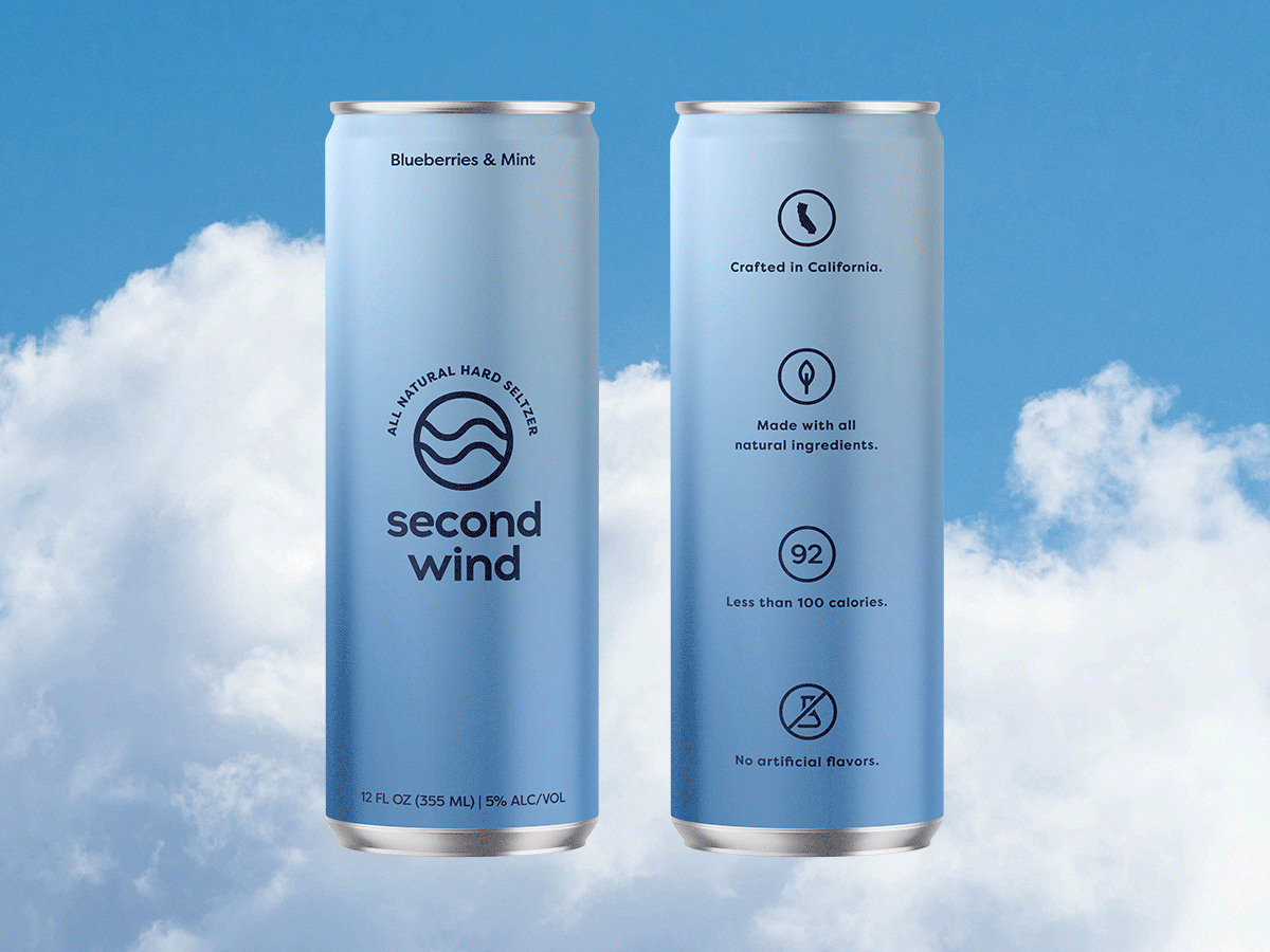 Minimalist seltzer cans with gradients over a sky background with clouds
