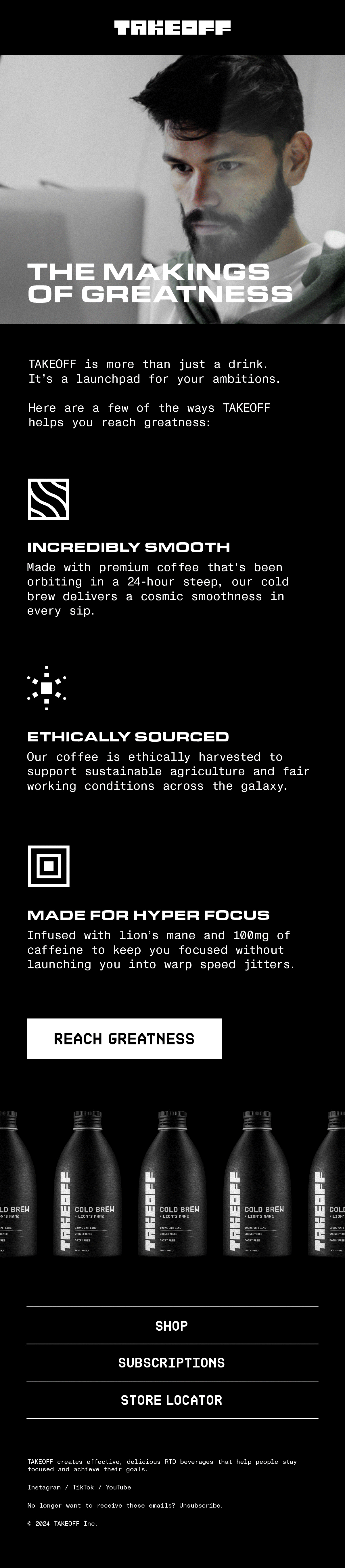 Black email design for coffee brand with GIF header and white icons