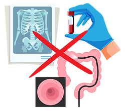 X-ray, blood test and colonoscopy with a big X through them to show there are no tests for IBS.
