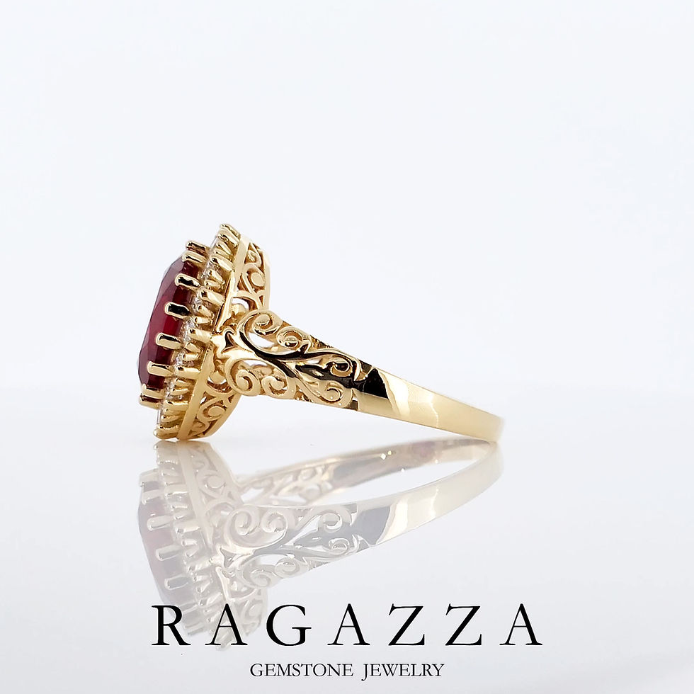 Thumbnail: Oval-Cut Lab-Grown Ruby Halo Ring in 18K Yellow Gold (3.38 ctw) | Ruby Ring