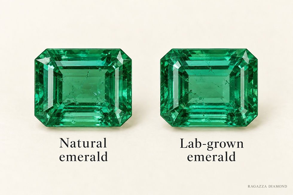 Figure 9. Natural emerald and lab-grown emerald in a comparable green colour range. Generated illustration.