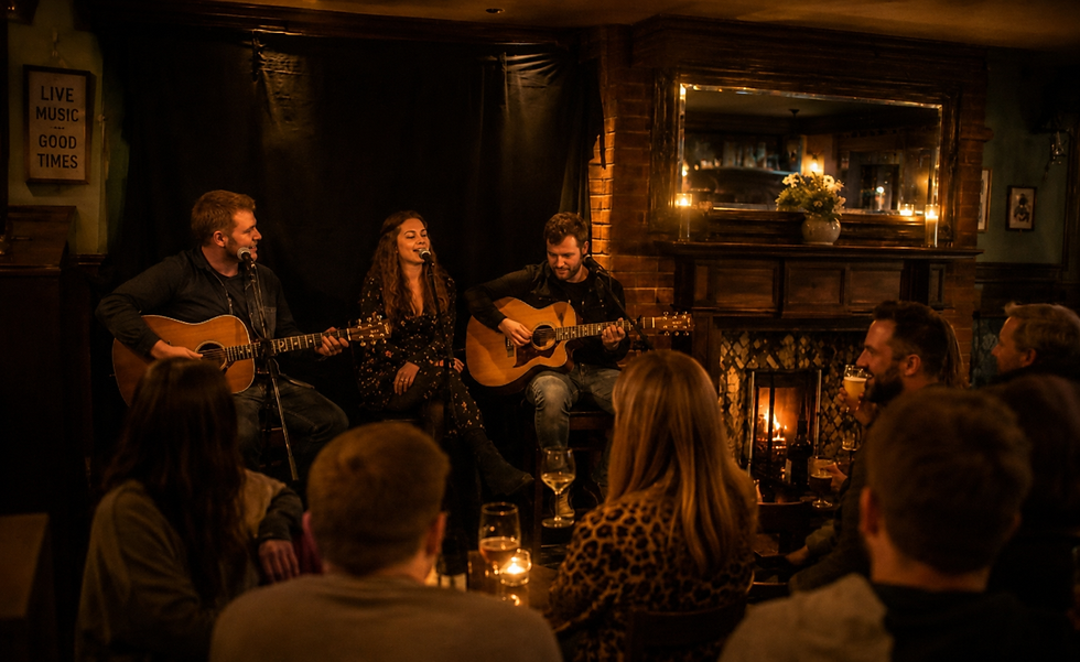 Live band performing in front of an audience in the pub.