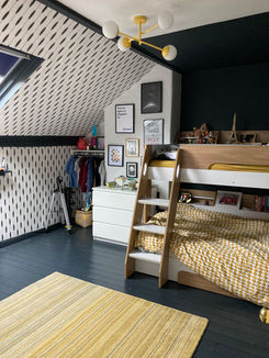 Monochrome themed children's bedroom with bunk beds