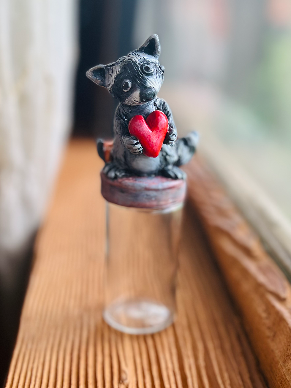 Thumbnail: Clay Raccoon and Friends on a Tree Stump Jar (“Samson”)