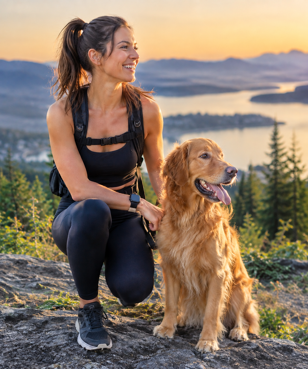 Woman working out with her golden retriever on an outdoor hike