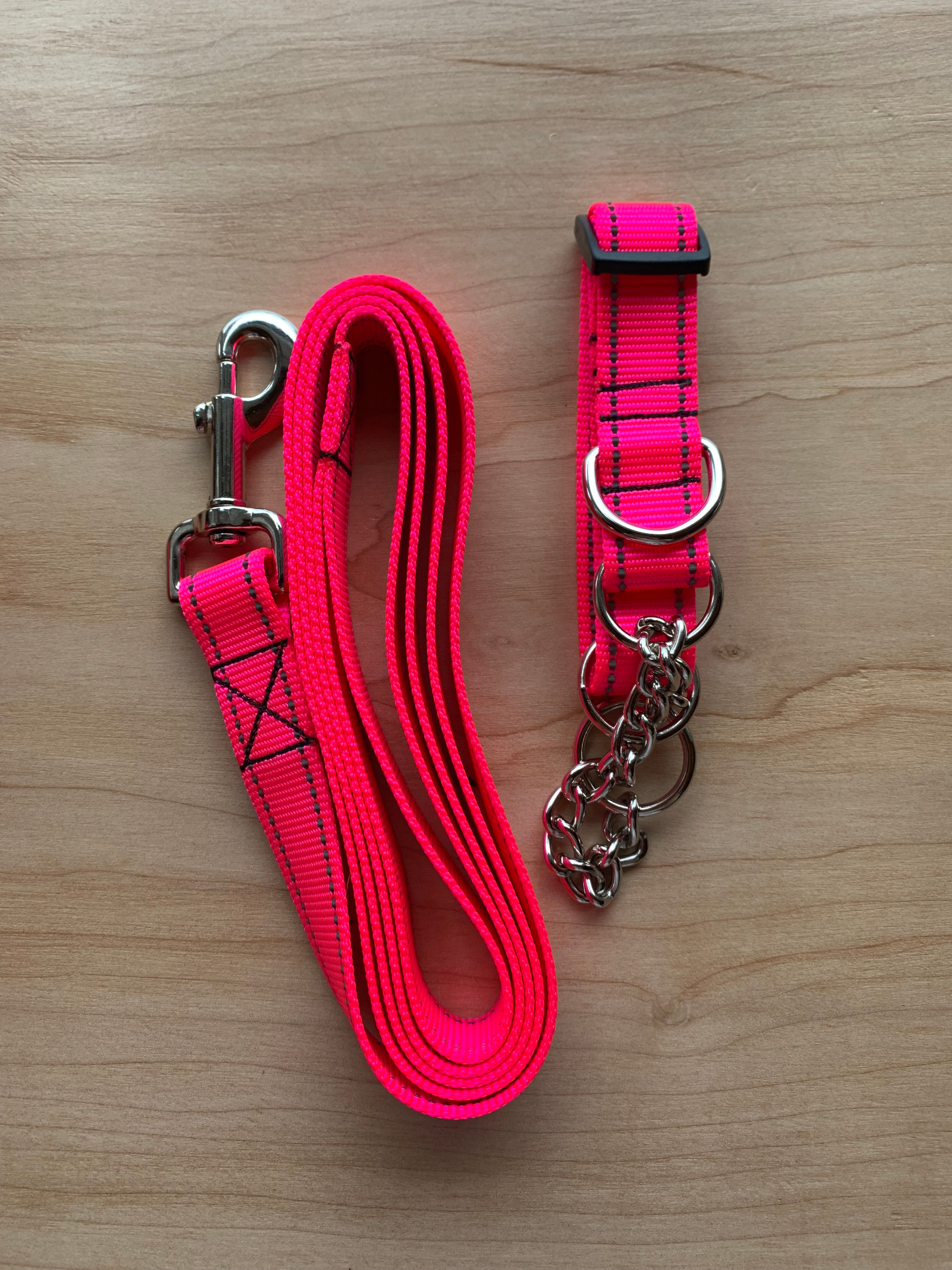 Neon Pink Reflective Dog Collar & Leash