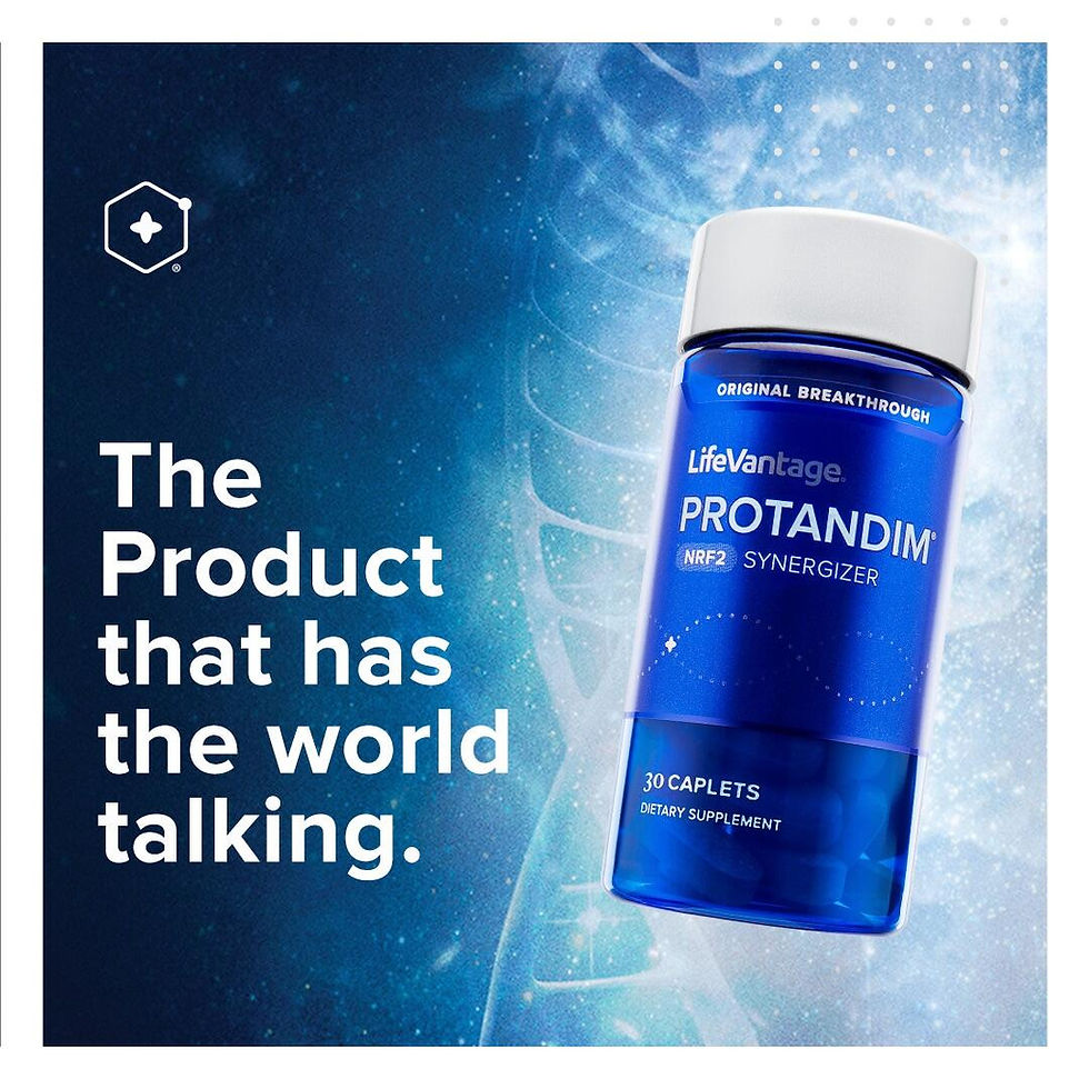 Blue Protandim bottle on a starry background with text: "The Product that has the world talking." Mood is innovative and intriguing.