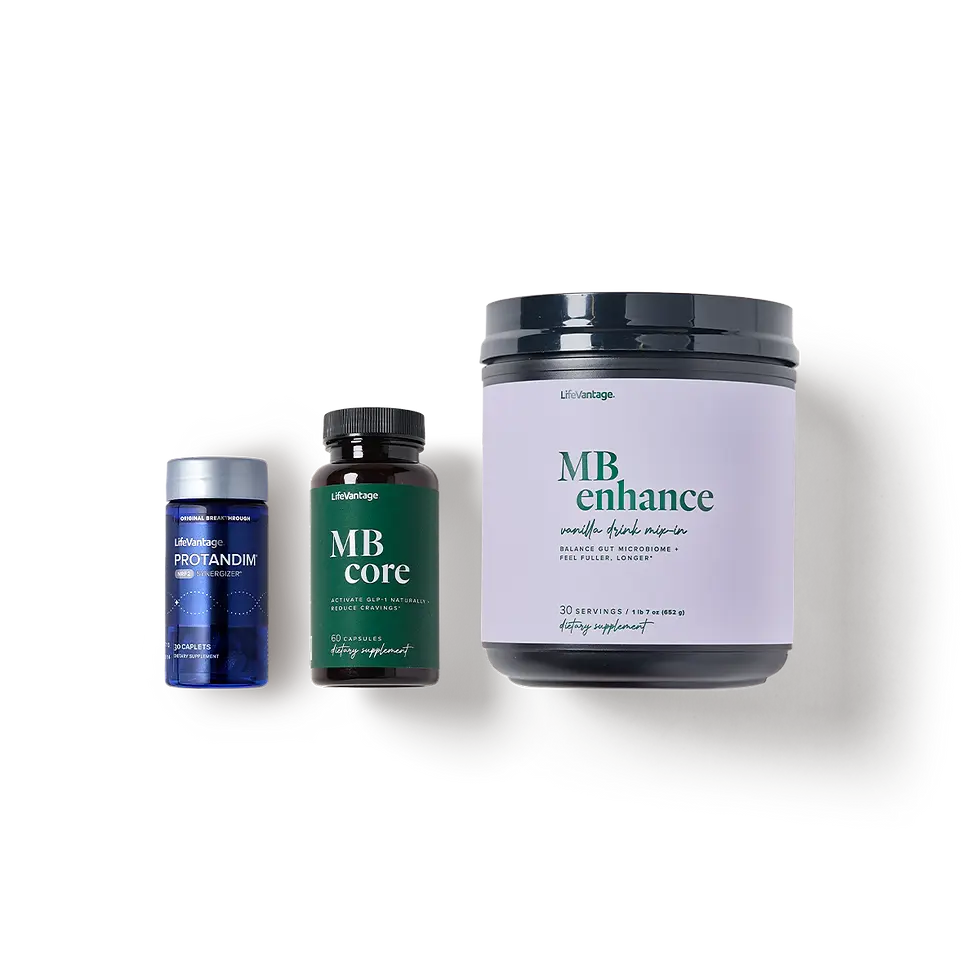 Three supplement bottles labeled LifeVantage: Protandim in blue, MB Core in green, MB Enhance in purple. Clear text, white background.