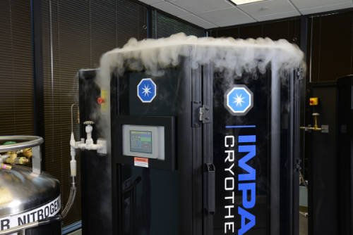 Black whole body cryotherapy chamber with mist, labeled IMPACT Cryo, in an office setting. Metal tanks are nearby; digital display is on the chamber.