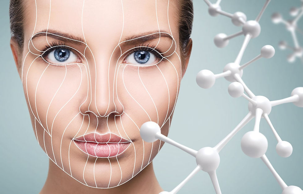 Close-up of a woman's face with digital lines mapped on her skin. White molecular structures overlay the image. Blue-gray background.