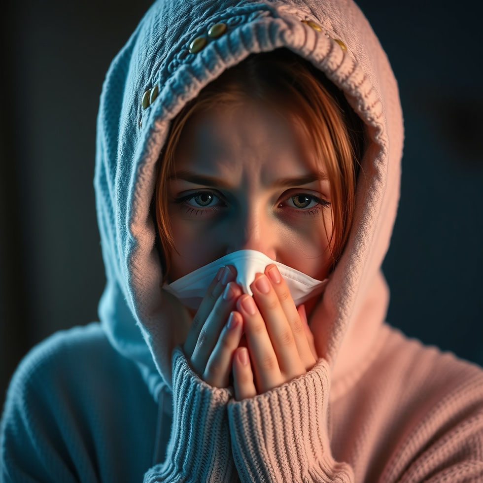 Person wearing a hoodie holds a mask over their face, eyes expressing concern. Soft lighting with blue and orange tones enhances the mood.