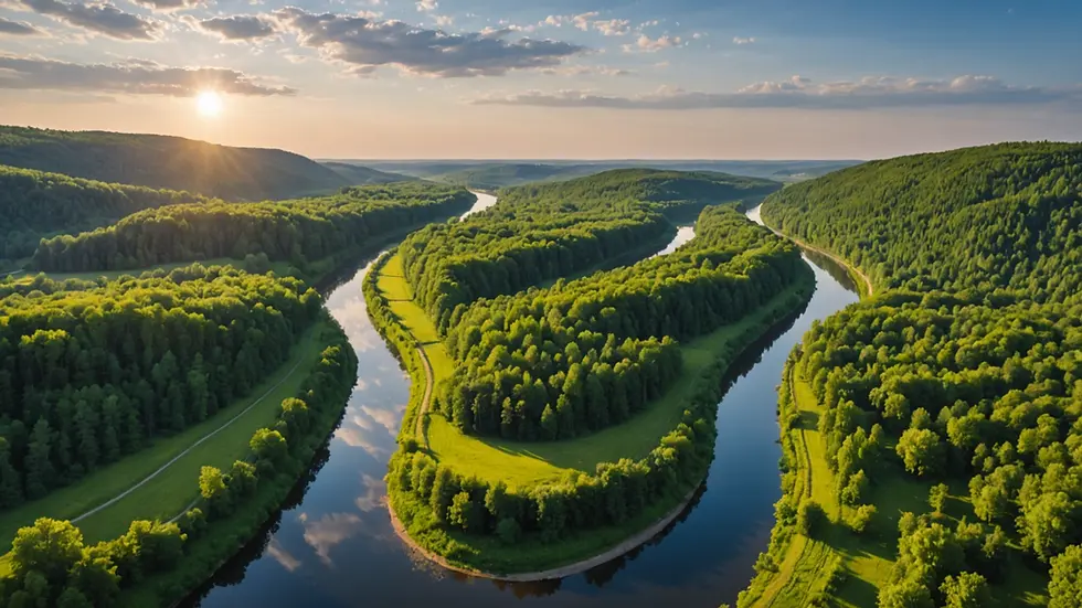 Wide angle view of the Neris River meandering through forested landscape