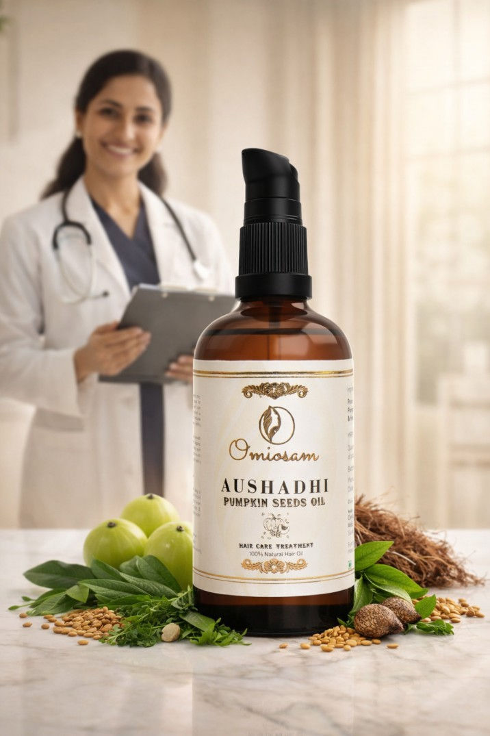 Omiosam Haircare and skincare oil with doctor in background