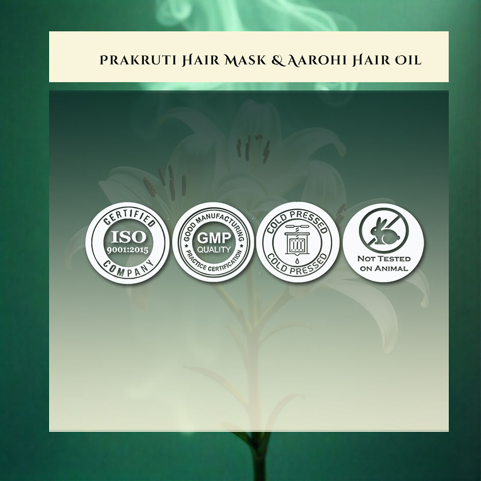 Thumbnail: Product label with text PRAKRITI HAIR MASK KAMBOJI HAIR OIL and certification icons.