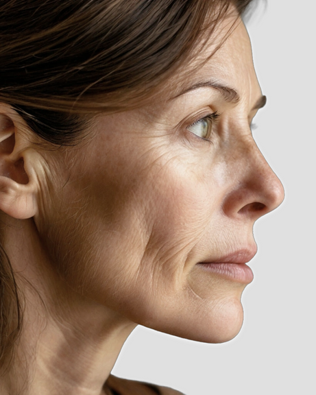 Profile image of mature woman showing visible laxity and collagen loss due to hormonal skin changes