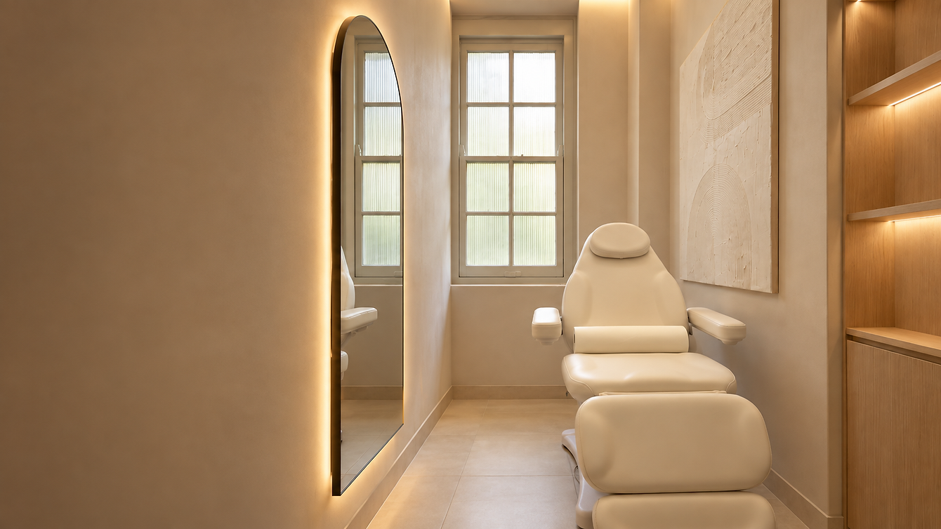 Modern aesthetic treatment room at Glow Face Aesthetic in King’s Cross, London, with a cream treatment chair and warm neutral interior.