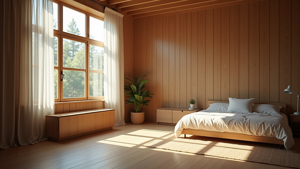 Eye-level view of a cozy room with natural light and wooden decor