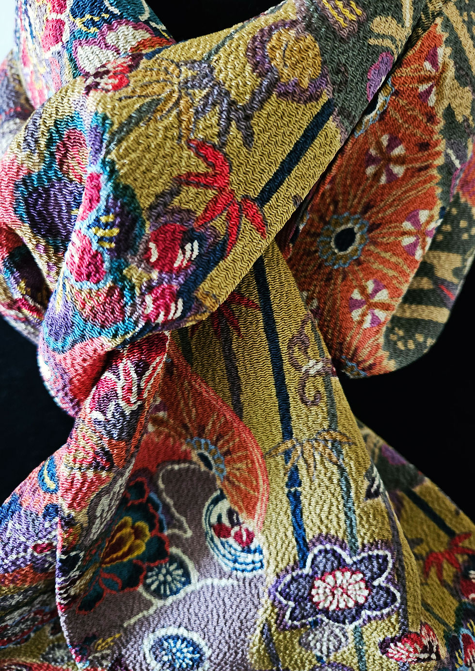 Thumbnail: Japanese Kimono Scarf S6110 - Chirimen Silk with Mustard and Pink Mosaic Pattern