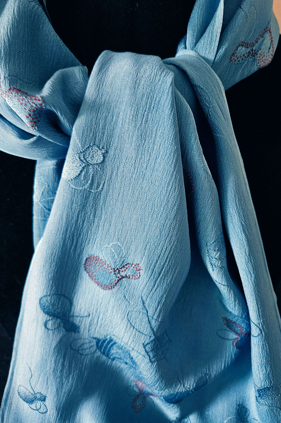 Thumbnail: Vintage Slate Blue Spool & Gourd Patterned Silk Scarf: Japanese Kimono Obiage H2
