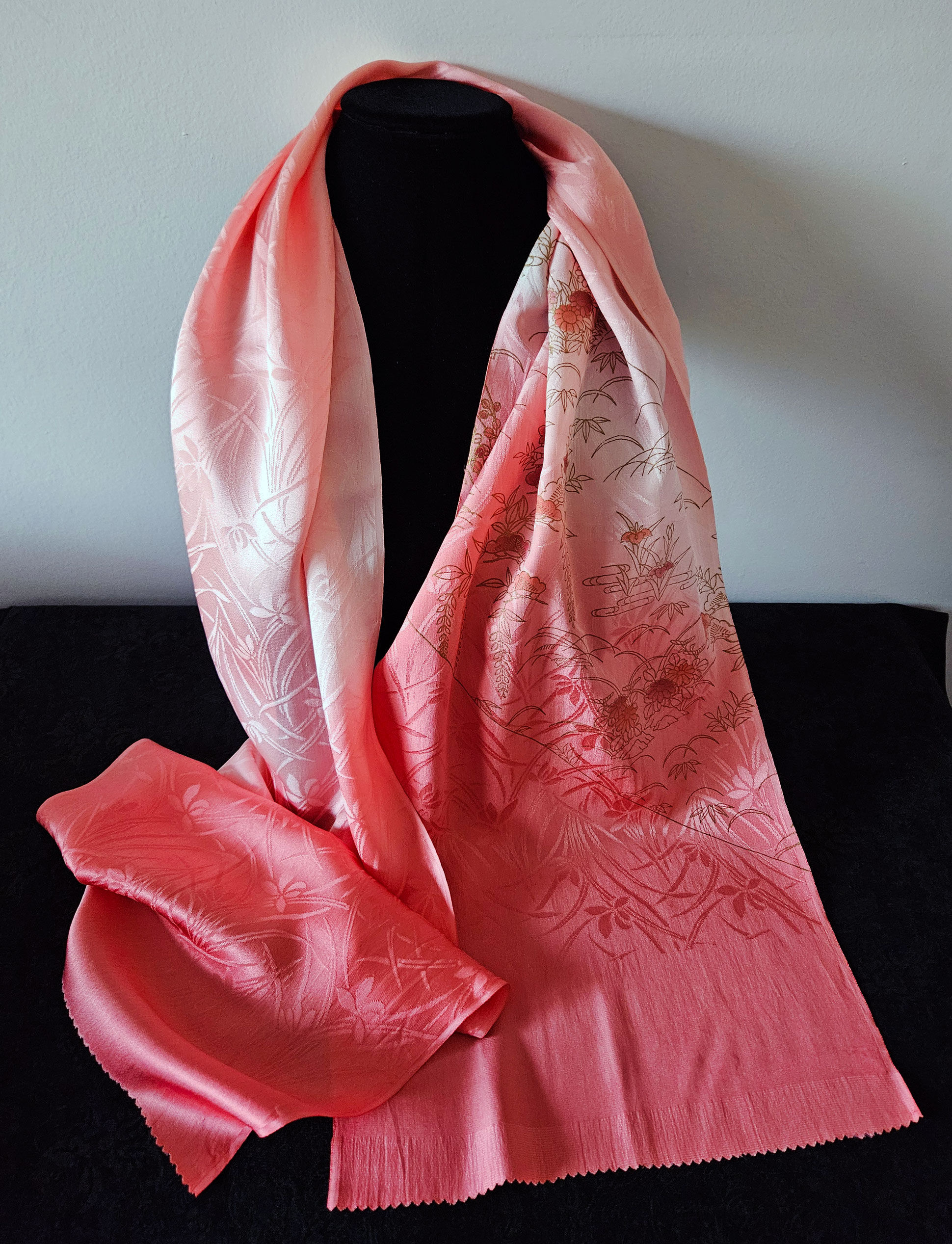 Vintage Hand Dyed Silk Scarf: Japanese Kimono Obiage Pink Jacquard H1844